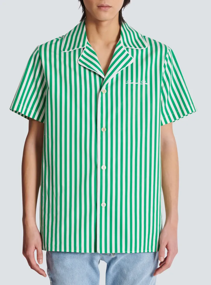 Balmain Shortsleeved Striped Cotton Pyjama Shirt Green Men Shirts And Polos
