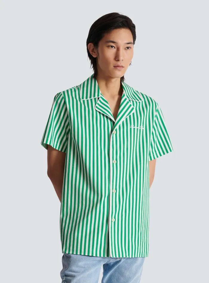 Balmain Shortsleeved Striped Cotton Pyjama Shirt Green Men Shirts And Polos