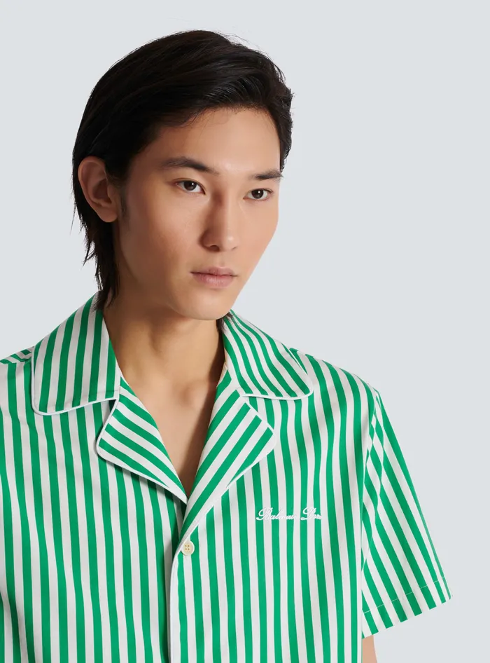 Balmain Shortsleeved Striped Cotton Pyjama Shirt Green Men Shirts And Polos