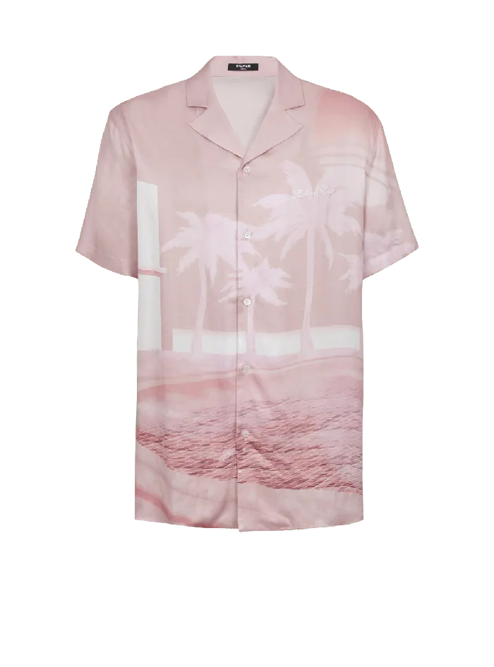 Balmain Shortsleeved Twill Shirt With Postcard Print Pink Men Shirts And Polos