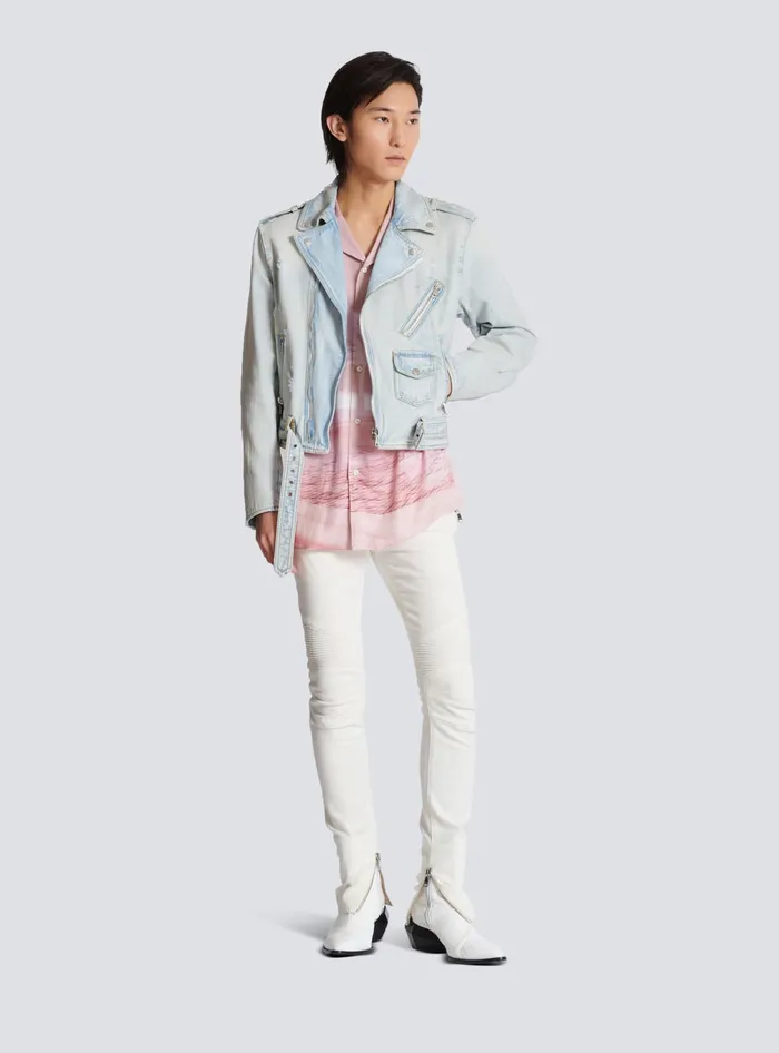Balmain Shortsleeved Twill Shirt With Postcard Print Pink Men Shirts And Polos