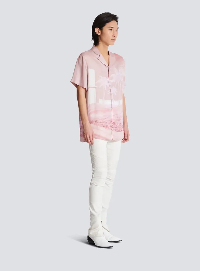 Balmain Shortsleeved Twill Shirt With Postcard Print Pink Men Shirts And Polos