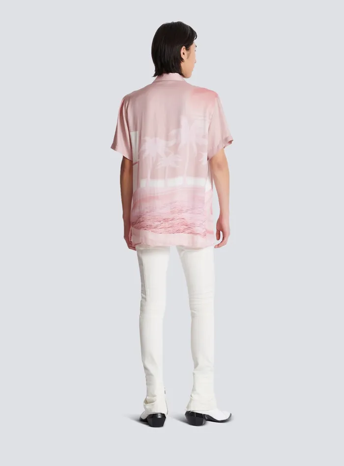 Balmain Shortsleeved Twill Shirt With Postcard Print Pink Men Shirts And Polos