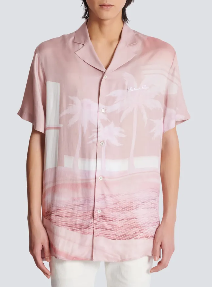 Balmain Shortsleeved Twill Shirt With Postcard Print Pink Men Shirts And Polos
