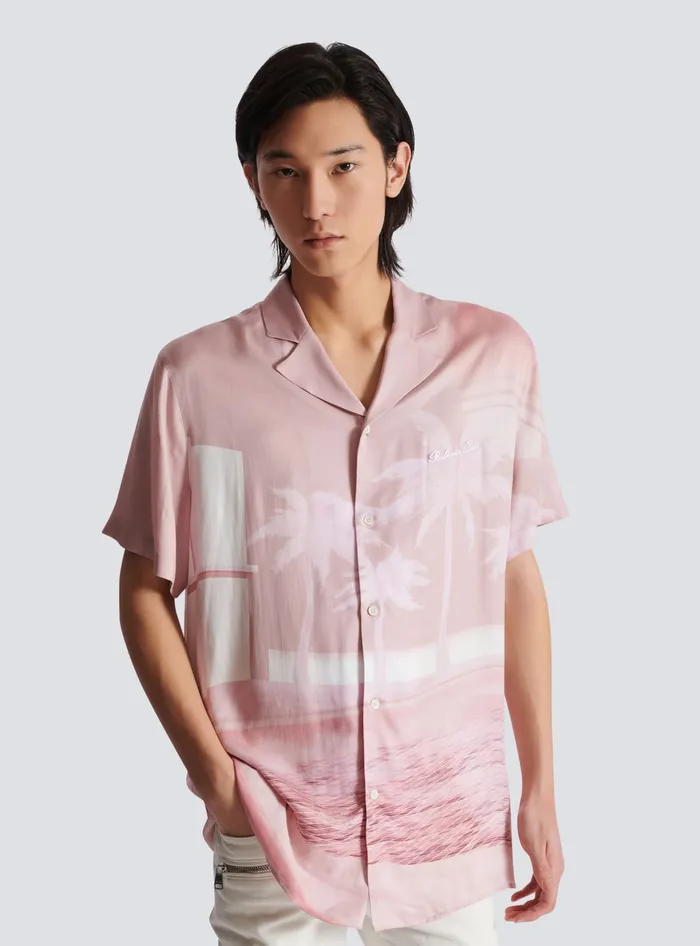 Balmain Shortsleeved Twill Shirt With Postcard Print Pink Men Shirts And Polos