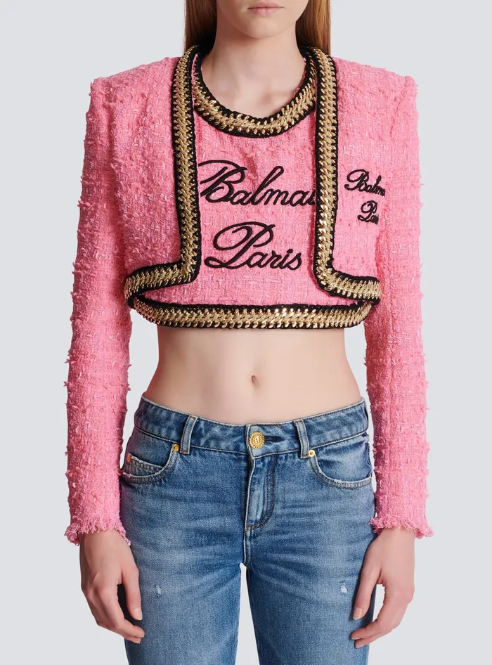 Balmain Signature Tweed And Chain Jacket Pink Women Jackets And Blazers