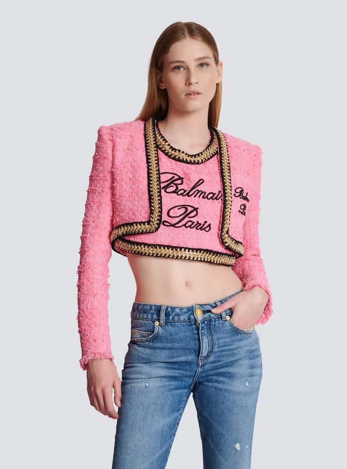 Balmain Signature Tweed And Chain Jacket Pink Women Jackets And Blazers