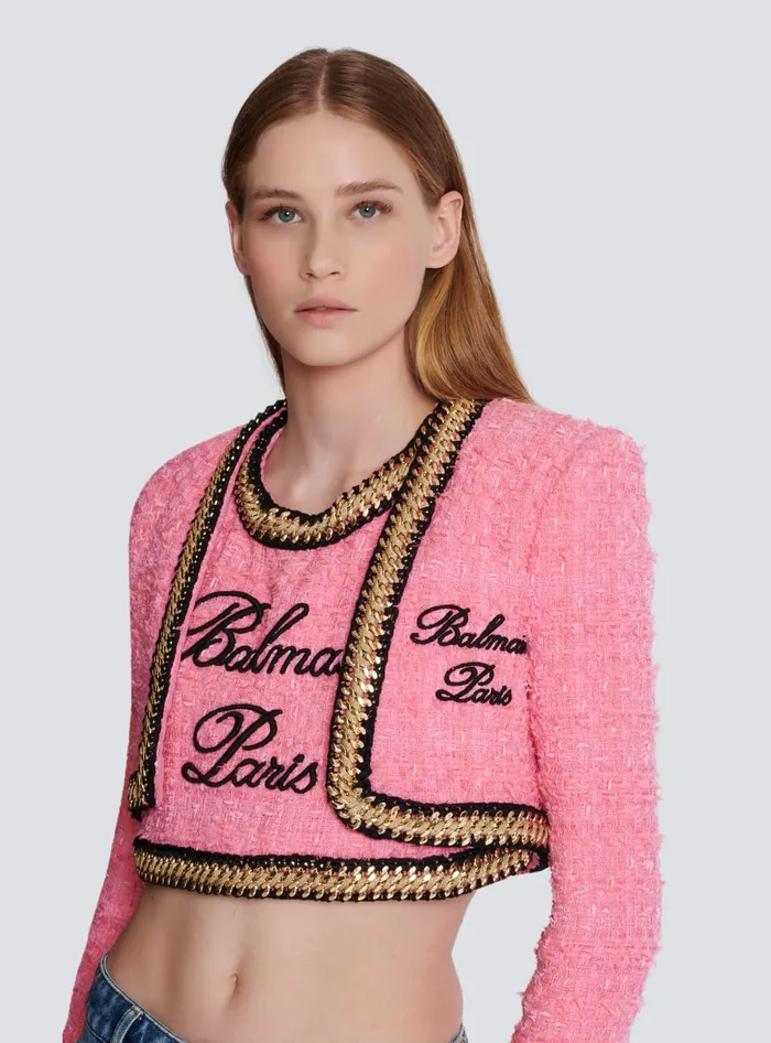 Balmain Signature Tweed And Chain Jacket Pink Women Jackets And Blazers