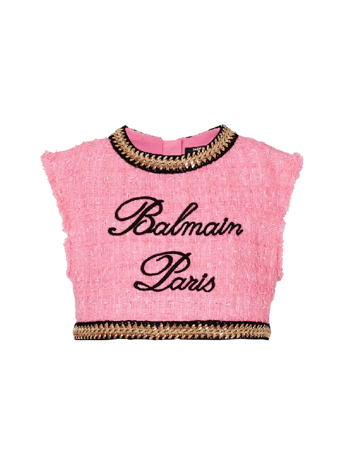 Balmain Signature Tweed And Chain Top Pink Women Tops And Shirts