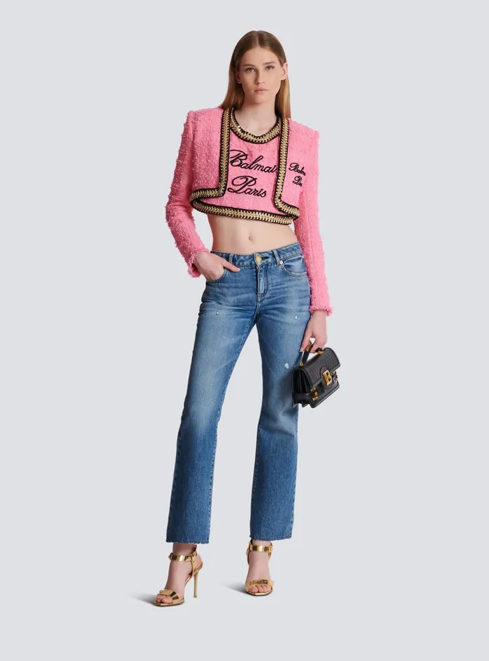 Balmain Signature Tweed And Chain Top Pink Women Tops And Shirts
