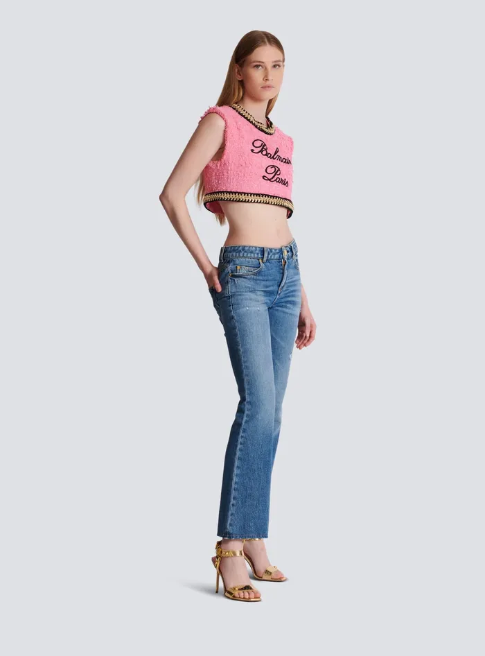 Balmain Signature Tweed And Chain Top Pink Women Tops And Shirts