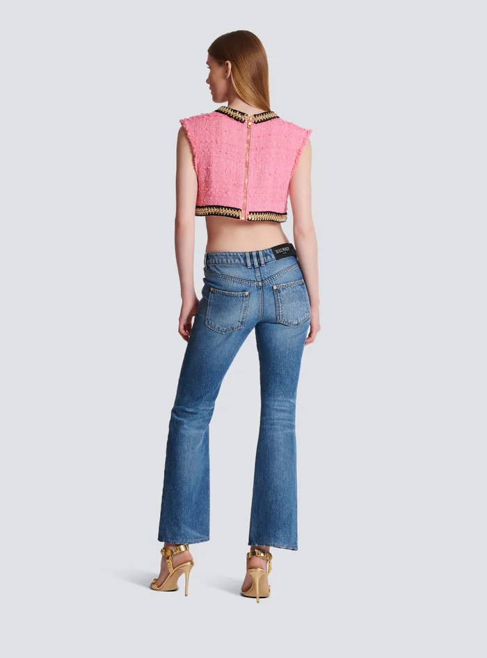 Balmain Signature Tweed And Chain Top Pink Women Tops And Shirts