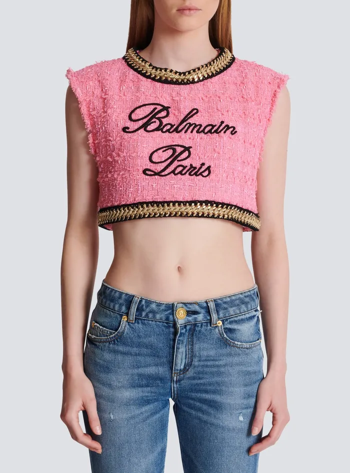 Balmain Signature Tweed And Chain Top Pink Women Tops And Shirts