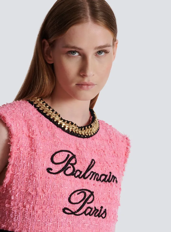 Balmain Signature Tweed And Chain Top Pink Women Tops And Shirts