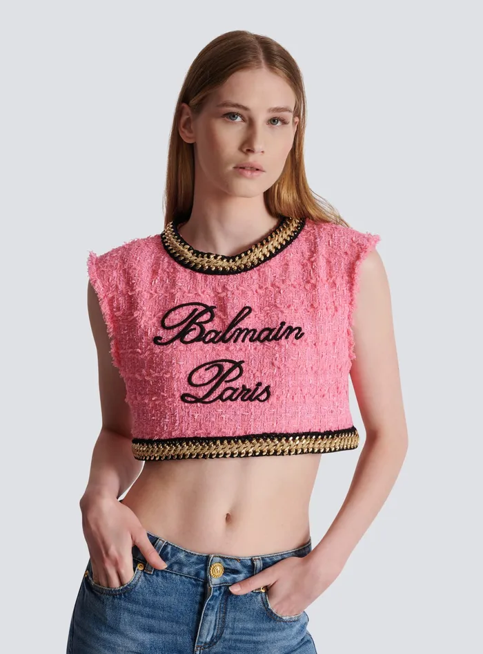 Balmain Signature Tweed And Chain Top Pink Women Tops And Shirts