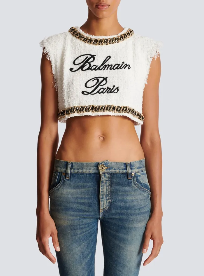 Balmain Signature Tweed Tank Top White Women Tops And Shirts
