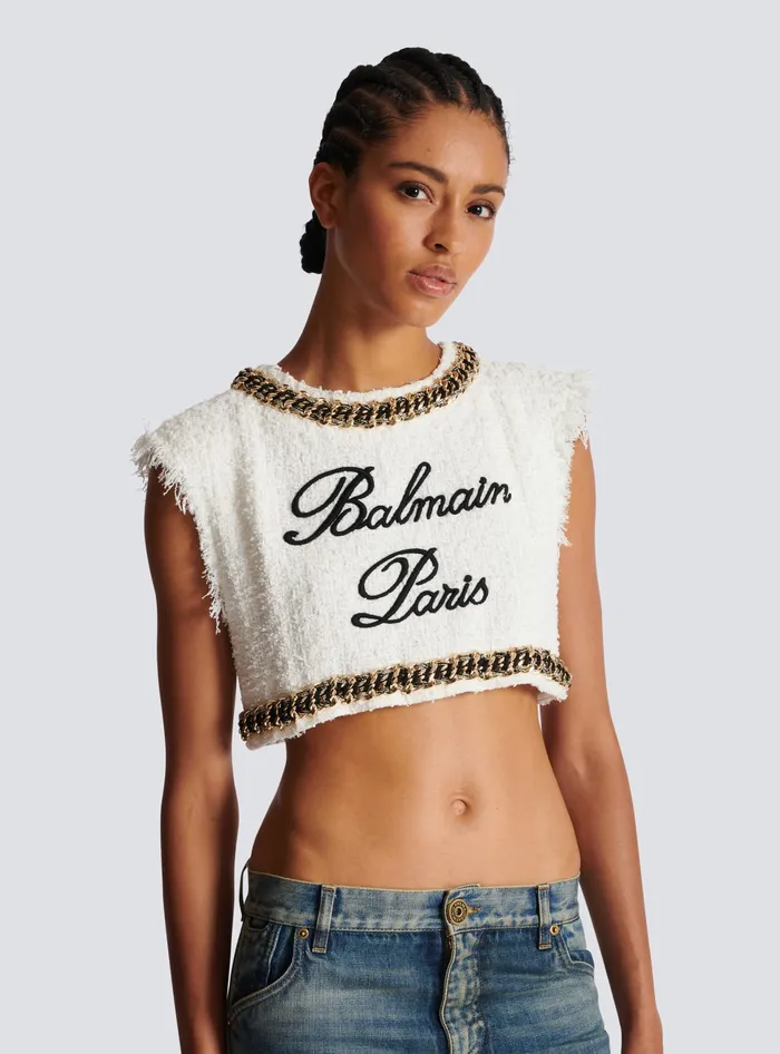 Balmain Signature Tweed Tank Top White Women Tops And Shirts