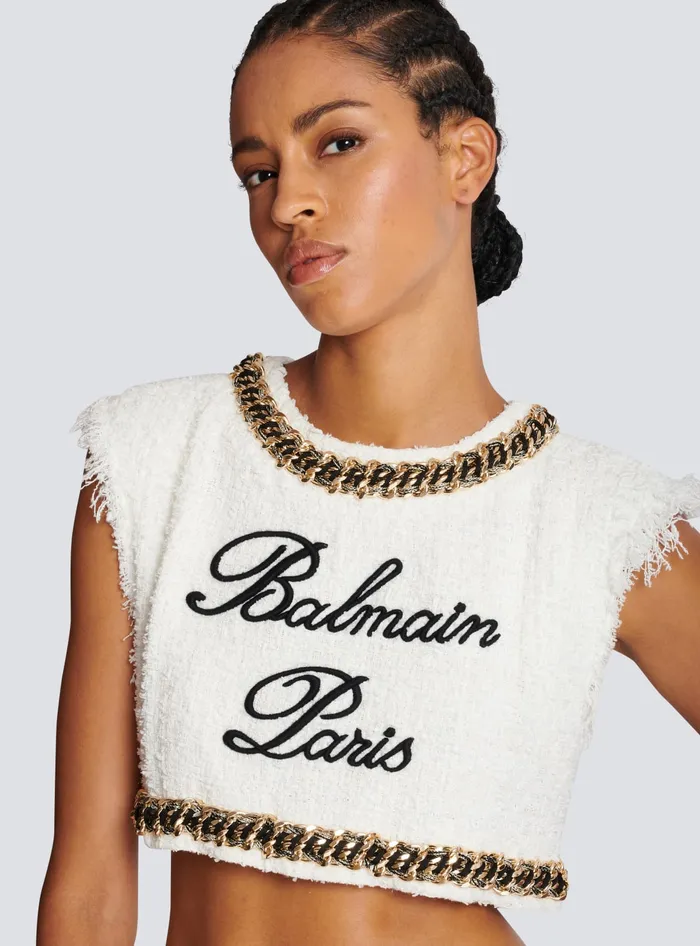 Balmain Signature Tweed Tank Top White Women Tops And Shirts