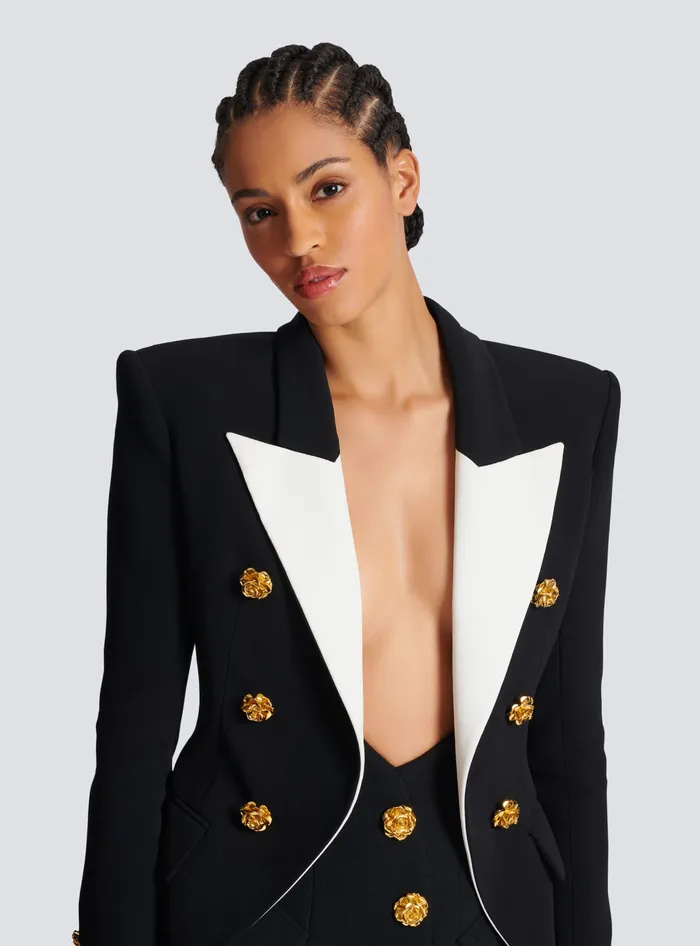 Balmain Slimfit Jacket With Roses Buttons Black Women Jackets And Blazers
