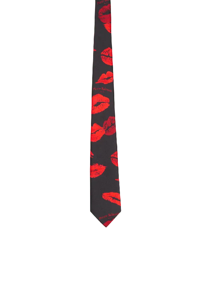 Balmain Slim Silk Tie With Kiss Print Black Men Other Accessories