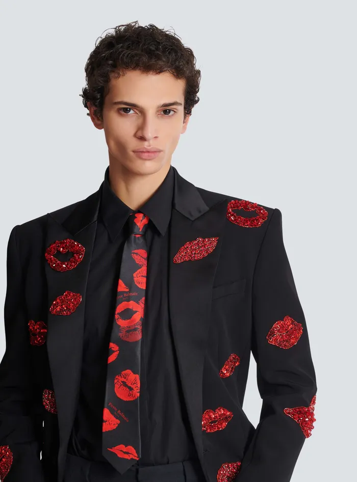 Balmain Slim Silk Tie With Kiss Print Black Men Other Accessories