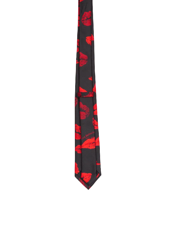Balmain Slim Silk Tie With Kiss Print Black Men Other Accessories