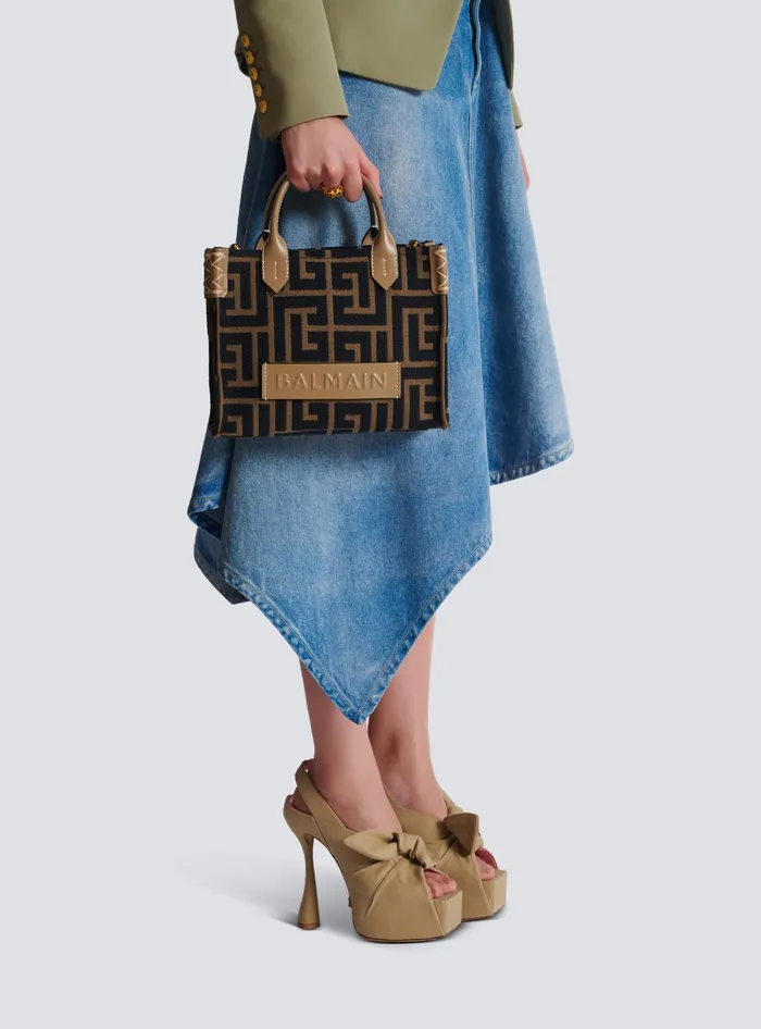 Balmain Small BArmy Tote Bag In Jacquard Fabric With A PB Labyrinth Monogram Black Women Crossbody Bags