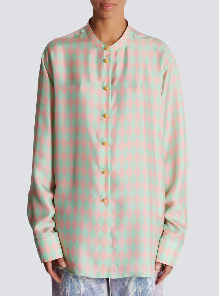 Balmain Standingcollar Shirt With Diamond Print Multicolor Women Tops And Shirts