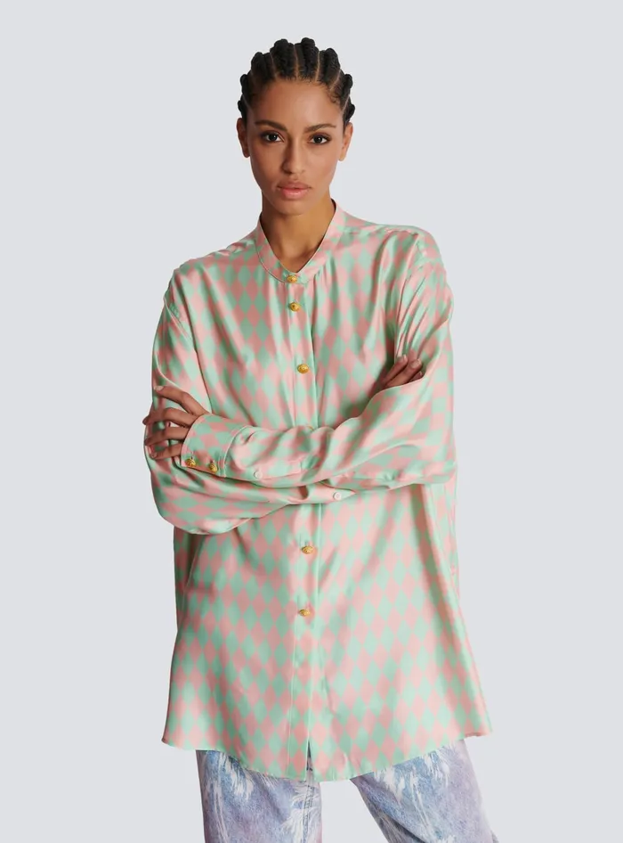 Balmain Standingcollar Shirt With Diamond Print Multicolor Women Tops And Shirts
