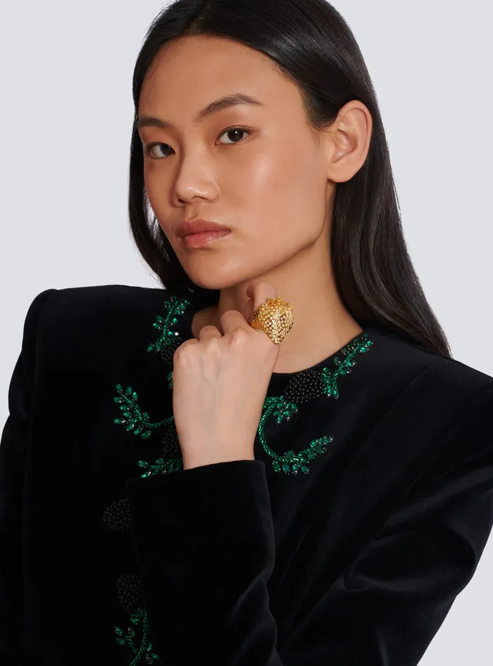 Balmain Strawberry Brass And Rhinestone Ring Gold Women Fashion Jewelry