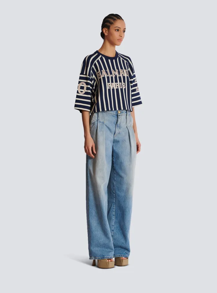 Balmain Striped Baseball Tshirt Navy Women TShirts