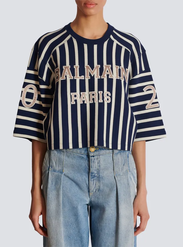 Balmain Striped Baseball Tshirt Navy Women TShirts