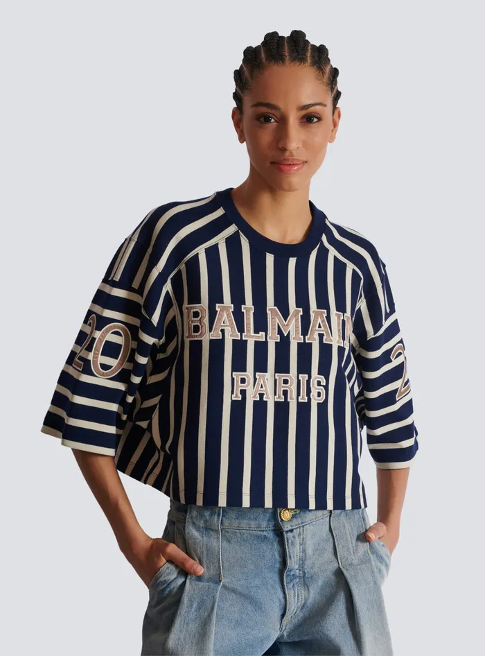Balmain Striped Baseball Tshirt Navy Women TShirts