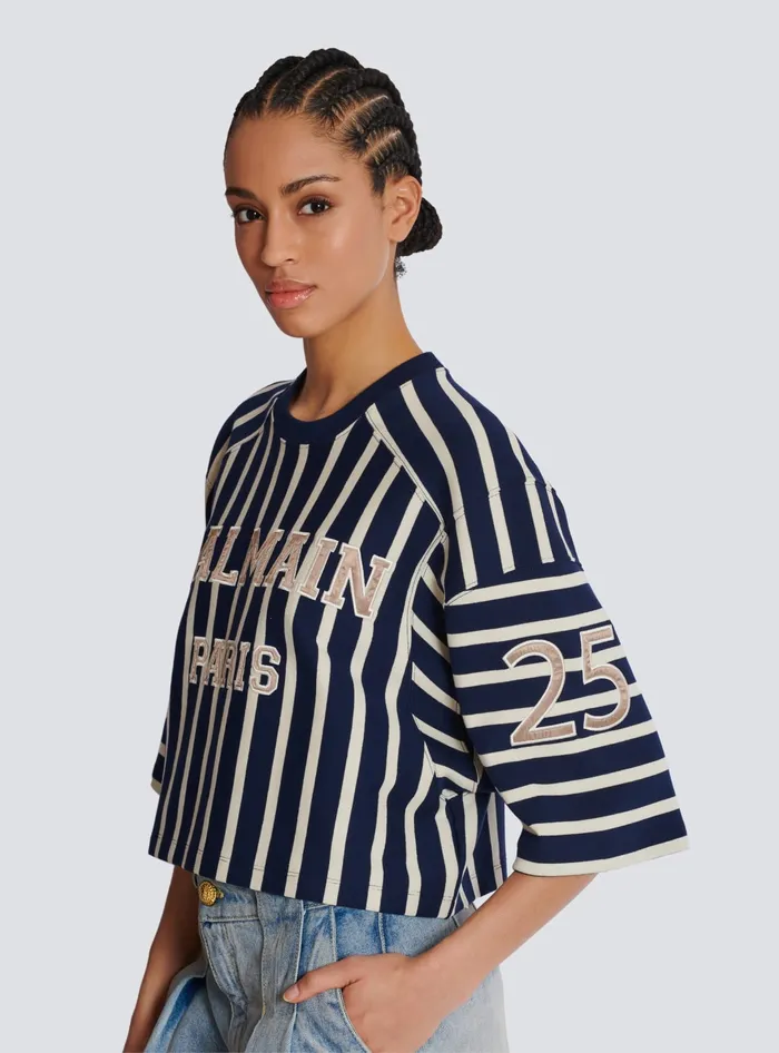 Balmain Striped Baseball Tshirt Navy Women TShirts
