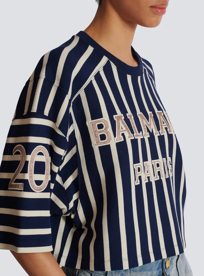Balmain Striped Baseball Tshirt Navy Women TShirts