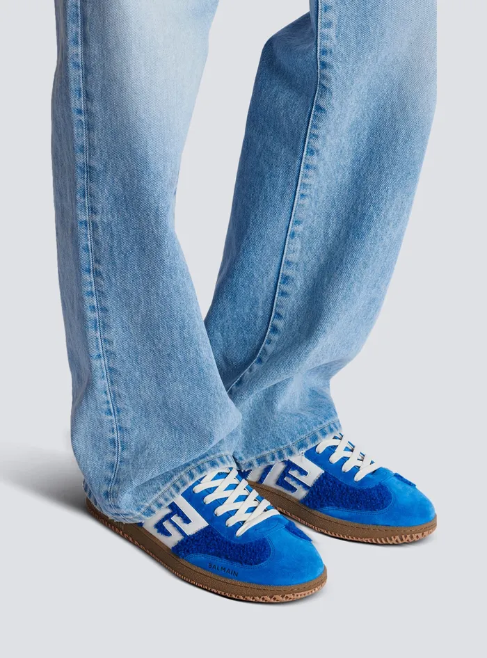Balmain Suede And Boucleacute Swan Trainers Blue Men Sneakers