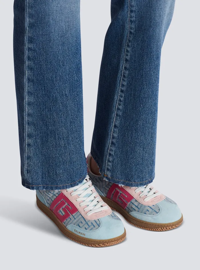 Balmain Swan Leather And Denim Monogram Sneakers Blue Women Sneakers