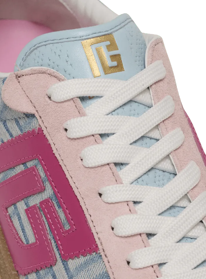 Balmain Swan Leather And Denim Monogram Sneakers Blue Women Sneakers
