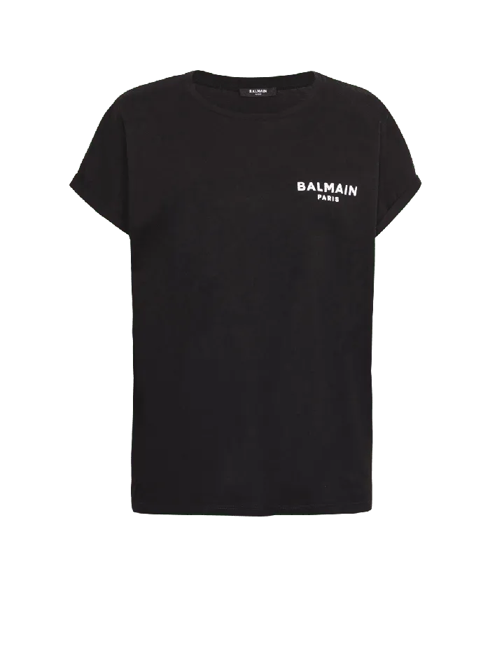 Balmain Tshirt With Flocked Paris Logo Black Women TShirts