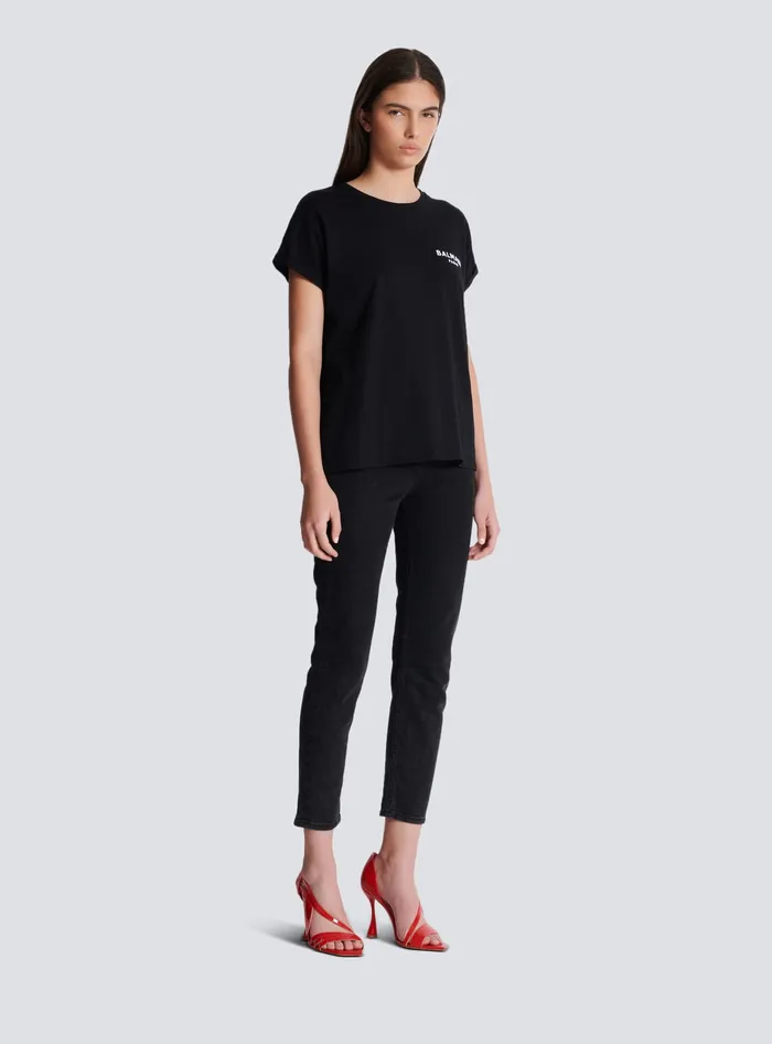 Balmain Tshirt With Flocked Paris Logo Black Women TShirts