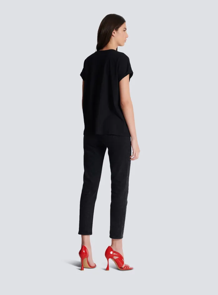 Balmain Tshirt With Flocked Paris Logo Black Women TShirts