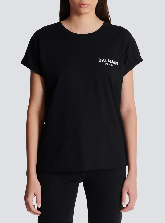Balmain Tshirt With Flocked Paris Logo Black Women TShirts