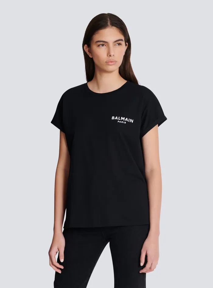 Balmain Tshirt With Flocked Paris Logo Black Women TShirts