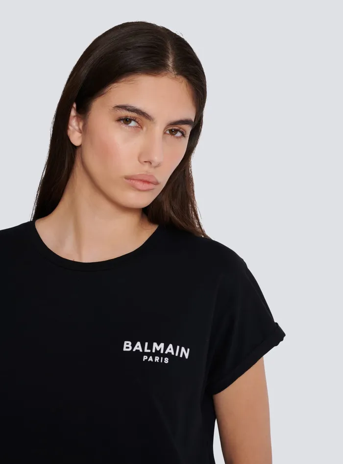 Balmain Tshirt With Flocked Paris Logo Black Women TShirts