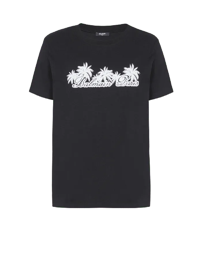 Balmain Tshirt With Palm Tree Signature Print Black Men TShirts