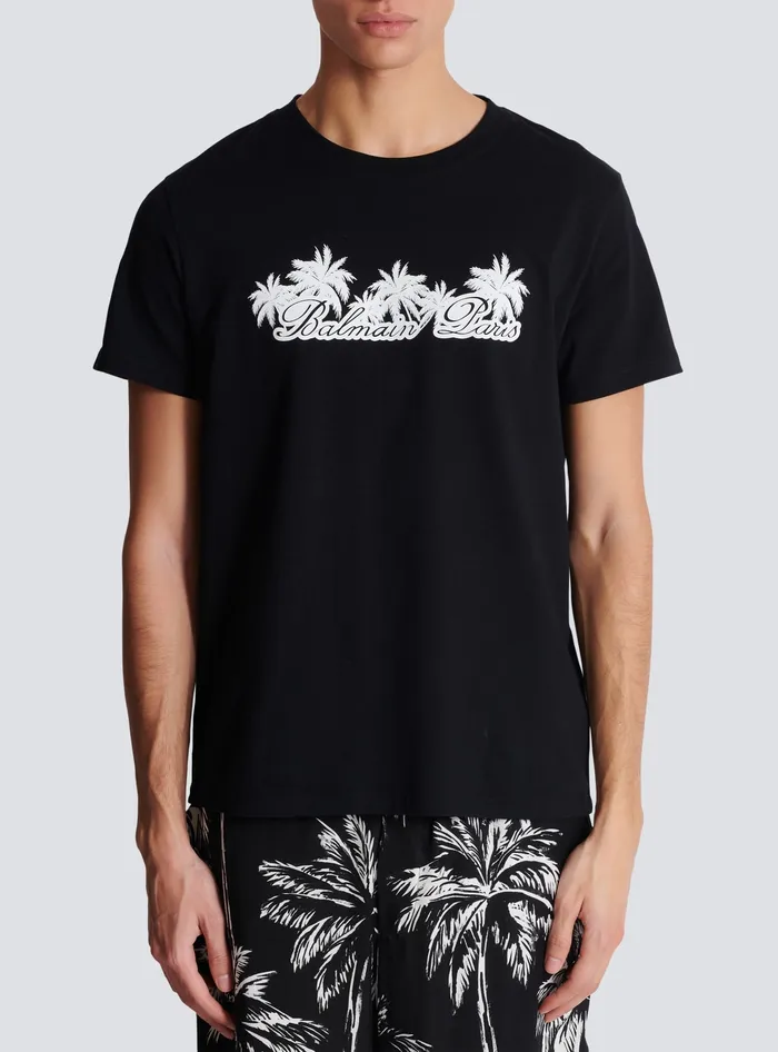 Balmain Tshirt With Palm Tree Signature Print Black Men TShirts