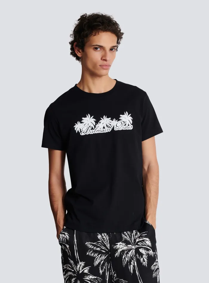 Balmain Tshirt With Palm Tree Signature Print Black Men TShirts