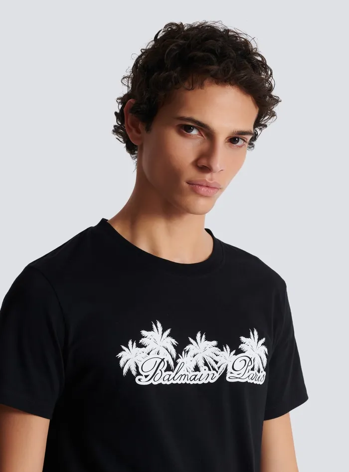 Balmain Tshirt With Palm Tree Signature Print Black Men TShirts