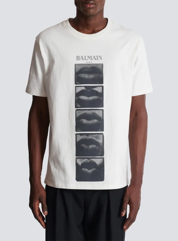 Balmain Tshirt With Vintage Lips Print White Men TShirts