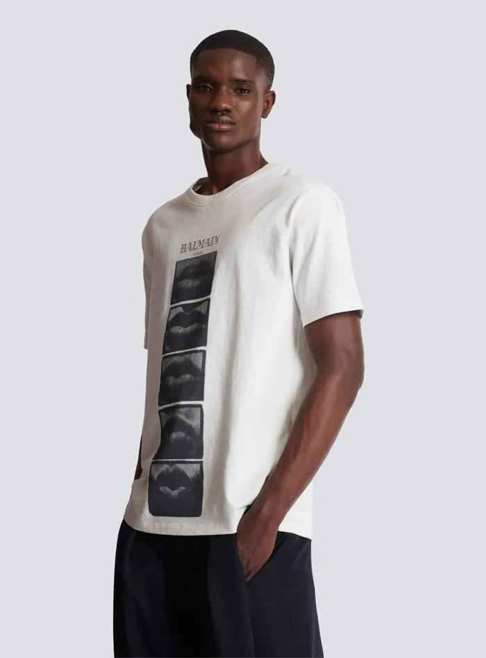 Balmain Tshirt With Vintage Lips Print White Men TShirts